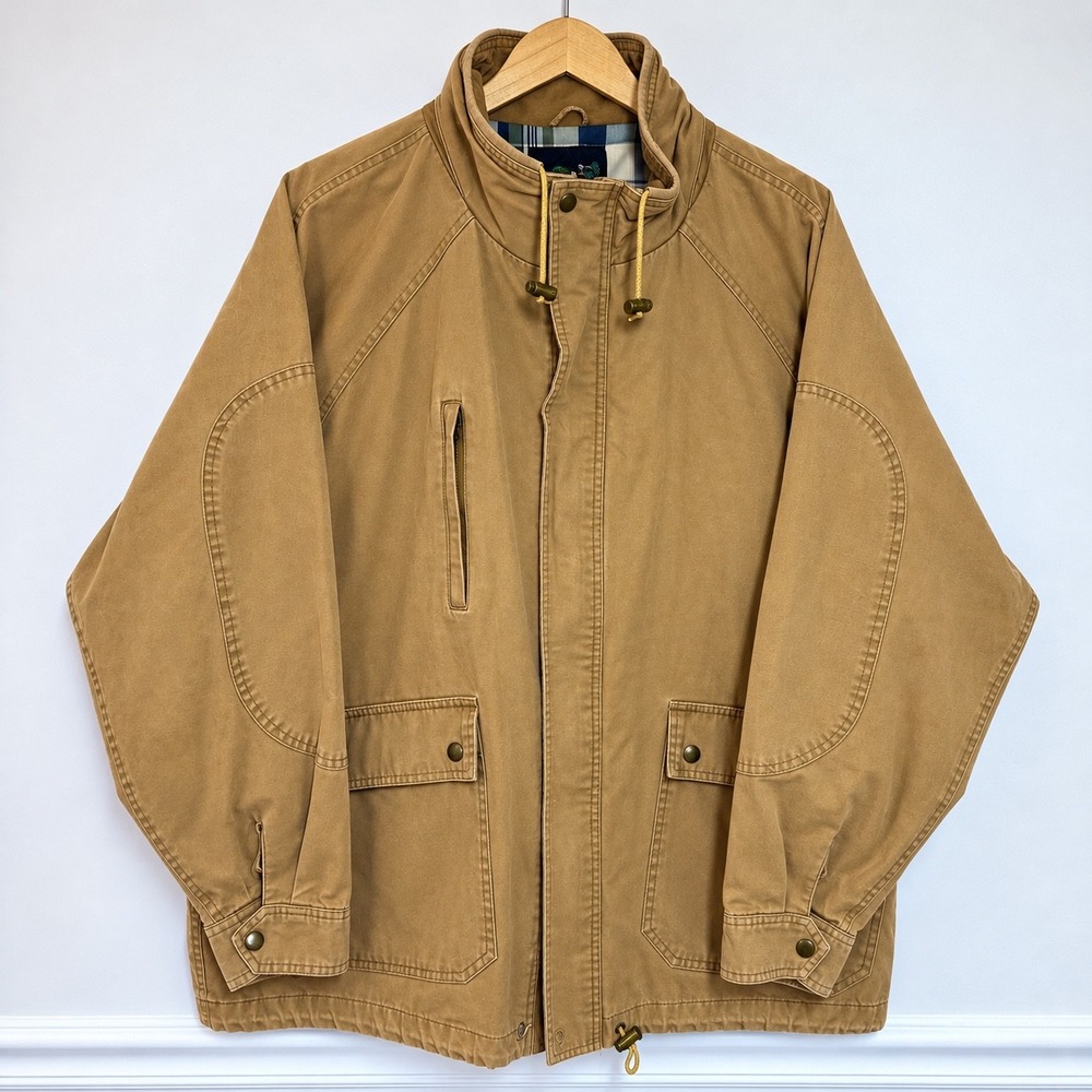 Fieldmaster Mens XL Canvas Field Jacket Tan Plaid Lined Packable Hood Utility